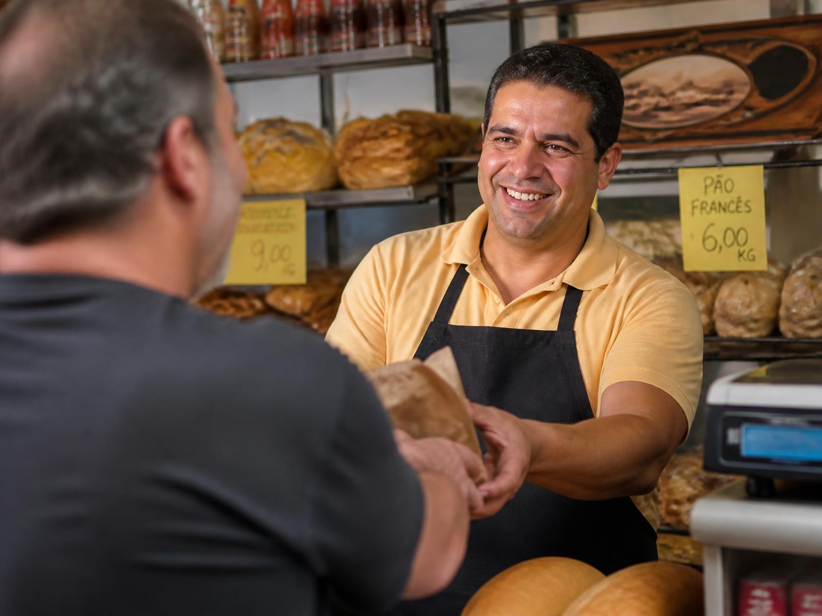Comerciante mineiro atendendo um cliente em sua loja